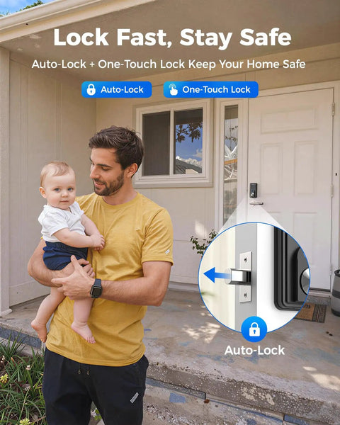 Smart Deadbolt Keyless Entry Door Lock Boasting AI Powered Fingerprint Recognition That Slips in Under Half A Second plus Bluetooth App Integration and Keypad Backup Provide Gnarly Convenience and Secure Peace of Mind in Slick Black displayed on home entrance with a parent holding a baby.