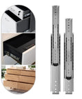 Heavy Duty Full Extension Side Mount Drawer Slides Solid Cold Rolled Steel shown with kitchen cabinets and dresser uses.