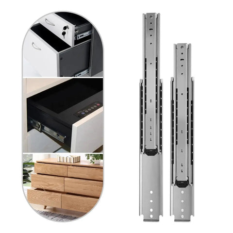 Heavy Duty Full Extension Side Mount Drawer Slides Solid Cold Rolled Steel shown with kitchen cabinets and dresser uses.