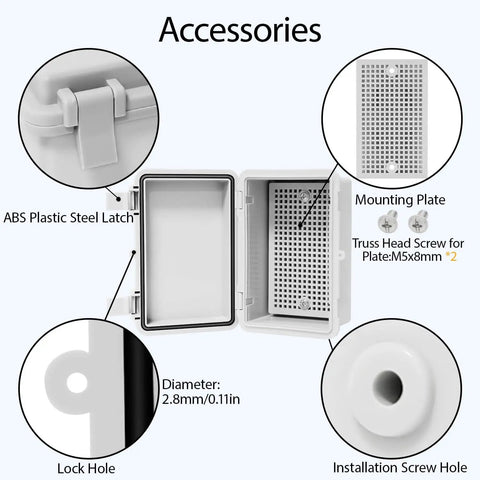Weatherproof Junction Box All Weather Ready Outdoor Indoor ABS Plastic IP65 Enclosure with hinged lid and mounting accessories