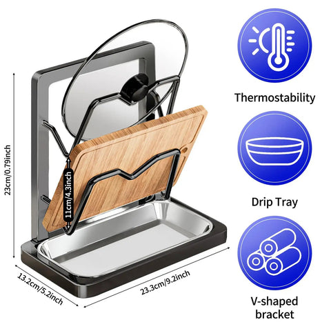 Heavy Duty 304 Stainless Steel Pot Lid Rack With Drip Tray And Spoon Rest, Double Layer V Shape Lid Holder, Anti Slip Organizer