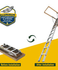 Heavy Duty Attic Ladder With 350 Lb Capacity, Fold Down Loft Stairs For Ceilings From 7 Ft 8 In To 10 Ft 3 In, 22.5 Inch By 54 Inch Opening, Non Slip Steps, Space Saving Pull Down Design For DIYers And Home Storage Access, before and after installation