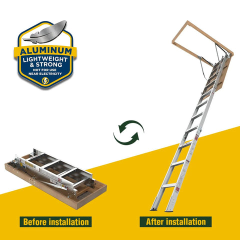 Heavy Duty Attic Ladder With 350 Lb Capacity, Fold Down Loft Stairs For Ceilings From 7 Ft 8 In To 10 Ft 3 In, 22.5 Inch By 54 Inch Opening, Non Slip Steps, Space Saving Pull Down Design For DIYers And Home Storage Access, before and after installation