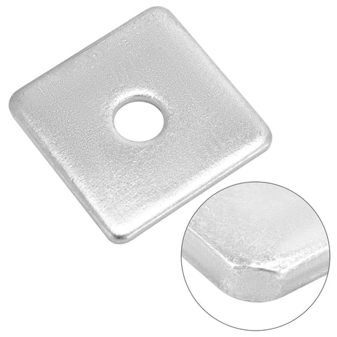 QWORK galvanized square washer; 1/2 in hole, 2x2 in outer, 3/16 in thick; front view with edge close-up.