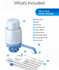 Universal Manual Drinking Water Pump For 3 To 5 Gallon Bottles With Adjustable Tubing and Durable Cylinder Case components shown
