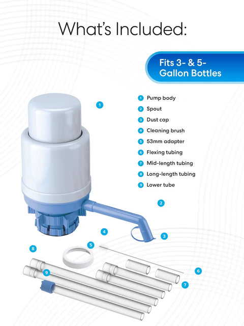 Universal Manual Drinking Water Pump For 3 To 5 Gallon Bottles With Adjustable Tubing and Durable Cylinder Case components shown
