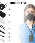 Product list showing wearable air purifier mask with HEPA filter, components for dust, painting, welding, and grinding work.