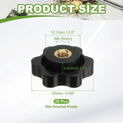 Heavy Duty Plastic Clamping Knob With Brass Core, Screw On Star Knob, M5 Female Thread, 1 Inch Diameter, Black, Pack Of 20, Size Details