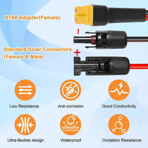Heavy Duty 10AWG XT60 Solar Extension Cable connectors, showing female XT60 adapter and standard solar connectors for high current.
