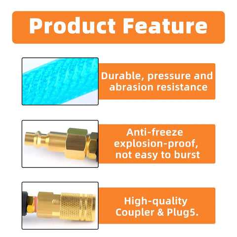 Product features of 1/4 Inch By 25 Foot Reinforced Polyurethane Air Hose With Brass Fittings including durability and high-quality coupler.