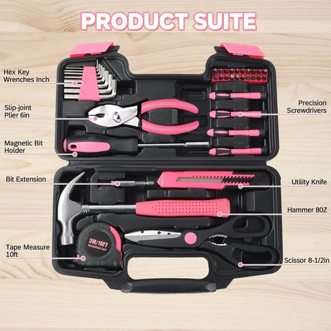 39 Piece Household Tool Set For Home, Garage, Office And Dorm Pink, Pro Grade DIY Essentials in open case