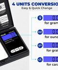 Pocket Digital Scale 600g Capacity With Zero Point One Gram Precision, LCD Display showing 4 units conversion for grams, ounces, grains, and carats