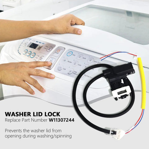 Washer Lid Lock Replacement 3 Wire Door Lock No Fuss Install shown with visible wires and control panel, part W11307244