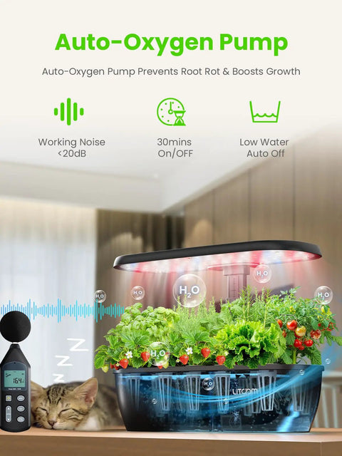 Hydroponic Indoor Garden System Kit With 15 Pods, Auto-Oxygen Quiet Pump, Herbs Growing in Modern Kitchen