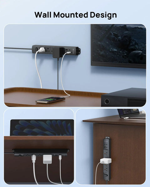 Wall-mounted Flat Plug Power Strip With Three USB C Ports And One USB A, 1440 Joules Surge Protector in home setting