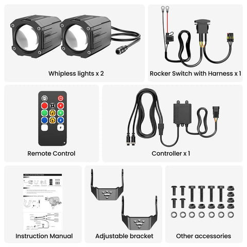 Components of Whipless Led Whip Lights Kit With Rocker Switch Dual Control And Adjustable Mounts for UTV ATV SXS Polaris RZR