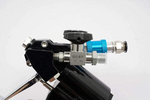 Heavy Duty Polyurethane Foam Spray Gun With Air Purge Self Cleaning Pu Foaming Tool, cast iron frame, close-up view of nozzle and fittings.