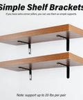 Heavy Duty L Brackets And Corner Braces 5 X 3 Inch Solid Steel 4 Pack With Black Rust Proof Coating mounted under wooden shelves.