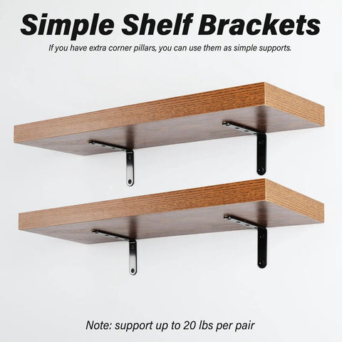 Heavy Duty L Brackets And Corner Braces 5 X 3 Inch Solid Steel 4 Pack With Black Rust Proof Coating mounted under wooden shelves.