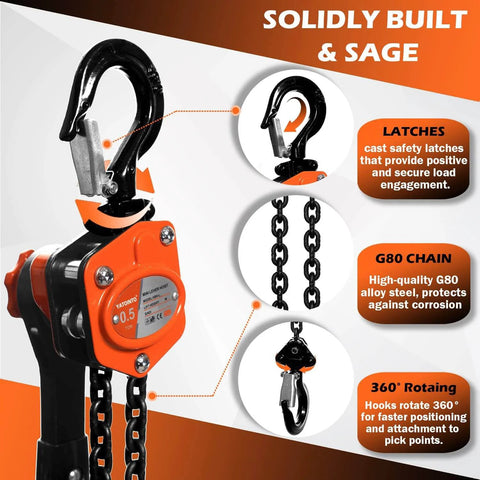 0.5 Ton Mini Lever Chain Hoist 5 Ft Ratchet Chain Puller With Upgraded Longer Handle And Heavy Duty Hooks, close-up of hook and chain