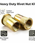 Complete 440-Pc Metric Rivet Nut Tool Kit With Heavy Duty Hand Gun For Auto Repair, Sheet Metal Work, Furniture Assembly And Diy Projects Featuring Interchangeable M3 M4 M5 M6 M8 Mandrels. Zinc-plated steel rivet nuts with anti-slip knurling