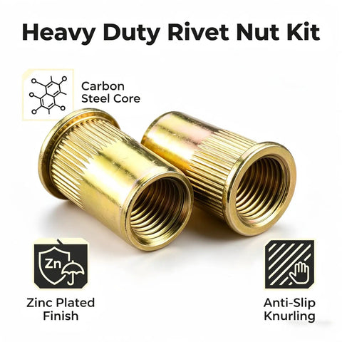 Complete 440-Pc Metric Rivet Nut Tool Kit With Heavy Duty Hand Gun For Auto Repair, Sheet Metal Work, Furniture Assembly And Diy Projects Featuring Interchangeable M3 M4 M5 M6 M8 Mandrels. Zinc-plated steel rivet nuts with anti-slip knurling
