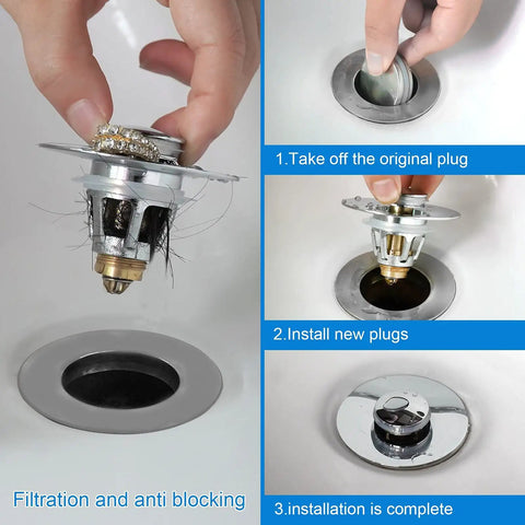 Universal Push Button Pop Up Sink Stopper Two Pack Fits Most 1.1 to 1.96 Inch Drains No Overflow with Hair Catcher Installation Steps