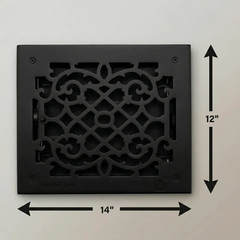 Ornate Victorian Floor Register 10 By 12 Opening Heavy Duty Cast Aluminum Walkable Vent With Adjustable Louver Damper For Airflow Control Black Finish