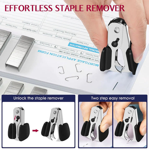 Hand using staple remover from Beefy Heavy Duty Metal Stapler 50 Sheet Capacity With 1750 Staples And Stapler Remover Full Strip Desk Stapler No Jam Non Slip For Office And Classroom Black.