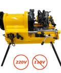 Heavy Duty One Horsepower Electric Pipe Threader Cutting Machine For Half To Four Inch Steel Tubing With Dual Sixteen And Forty Eight RPM Settings Plus Rock Solid Four Point Nine Inch Chuck For Daily Job Site Grind showing 220V yellow housing and adjustable components.