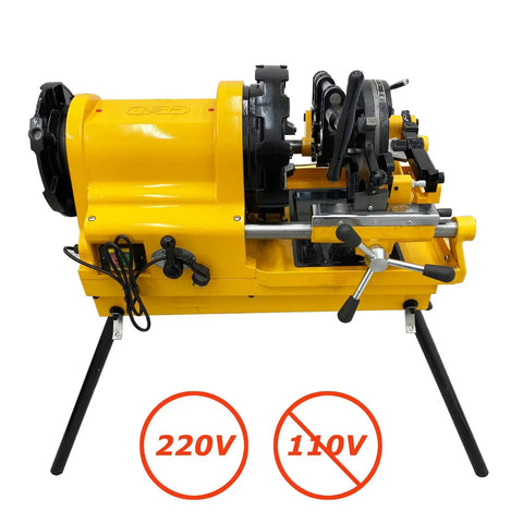 Heavy Duty One Horsepower Electric Pipe Threader Cutting Machine For Half To Four Inch Steel Tubing With Dual Sixteen And Forty Eight RPM Settings Plus Rock Solid Four Point Nine Inch Chuck For Daily Job Site Grind showing 220V yellow housing and adjustable components.