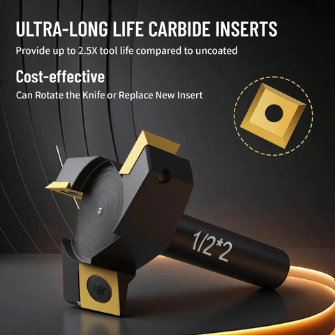 Beefy 1/2 Inch Shank Slab Flattening Router Bit With 2 Inch Cutting Diameter And 3-Wing Coated Carbide Inserts for woodworking