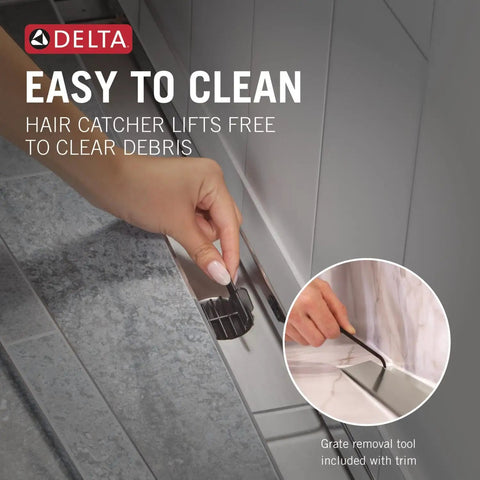 Thirty Six Inch Linear Shower Drain Wall Edge Mount In Brushed Stainless Steel With Slick Adjustable Feet Leakproof Membrane Hair Catcher And No Sweat Setup For Your Next Bathroom Upgrade Project, showing hair catcher removal.