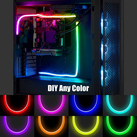 Lit ARGB PC Light Strips For 5V 3 Pin Headers with rainbow lighting inside a PC case showing customizable neon colors