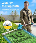 Person using 20V Cordless Pole Hedge Trimmer With 16 Inch Dual Action Blade Telescoping 8 Foot Pole Shoulder Strap Two Pack 4Ah