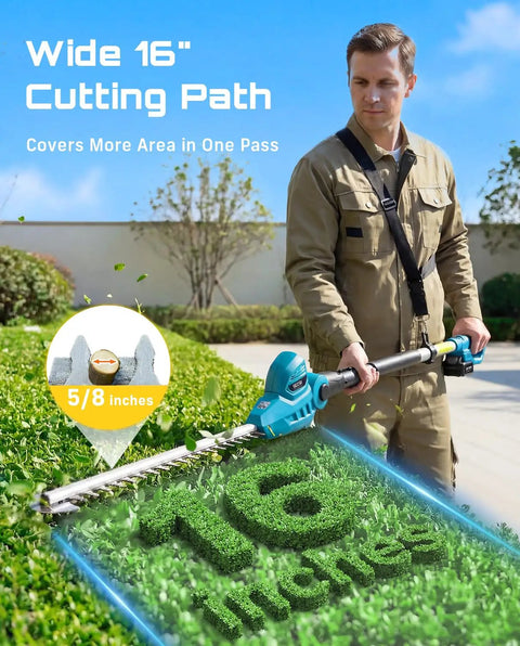 Person using 20V Cordless Pole Hedge Trimmer With 16 Inch Dual Action Blade Telescoping 8 Foot Pole Shoulder Strap Two Pack 4Ah