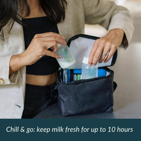 Person placing bottles in the Ride Or Die Breast Milk Cooler Kit With Six Chill Bottles And Triple Freeze Packs For Grab And Go Nursing Pump Storage Keeps Every Drop Ice Cold Always.