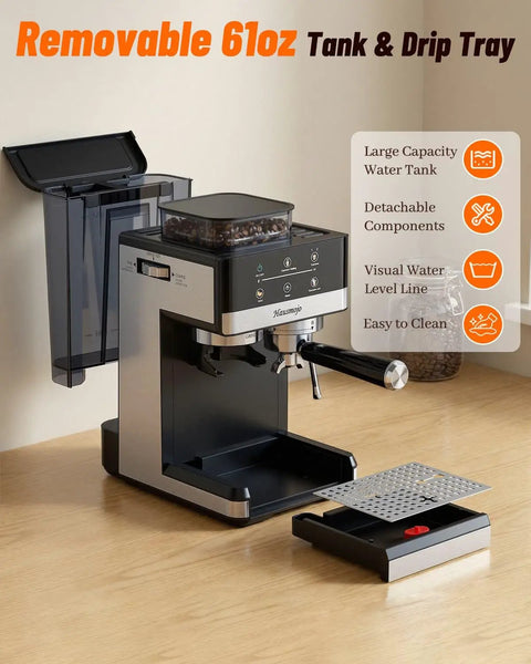 Straight Up Home Cafe Essential With Fully Integrated Bean Grinder And Heavy Duty 20 Bar Italian Pump For Perfect Latte Cappuccino And Quick Cold Brew Refills Daily with removable 61oz water tank and drip tray.