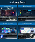 Huge 11.5 Inch Wireless CarPlay Screen With Android Auto All In One Car Stereo showing Bluetooth, FM, speaker, and AUX functions