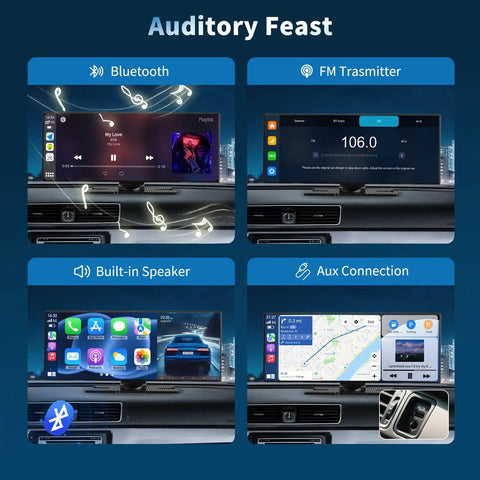 Huge 11.5 Inch Wireless CarPlay Screen With Android Auto All In One Car Stereo showing Bluetooth, FM, speaker, and AUX functions