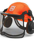 Go-To Forest Helmet System With Visor And Hearing Protection For Timber Work, UV Orange Safety Hard Hat with mesh visor