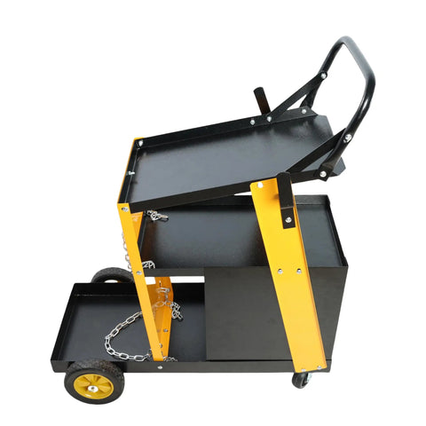 Side view of Heavy Duty Welding Cart With Two Tiers And 360 Degree Rolling Mobility Four Drawers And Tank Storage Safety Chains