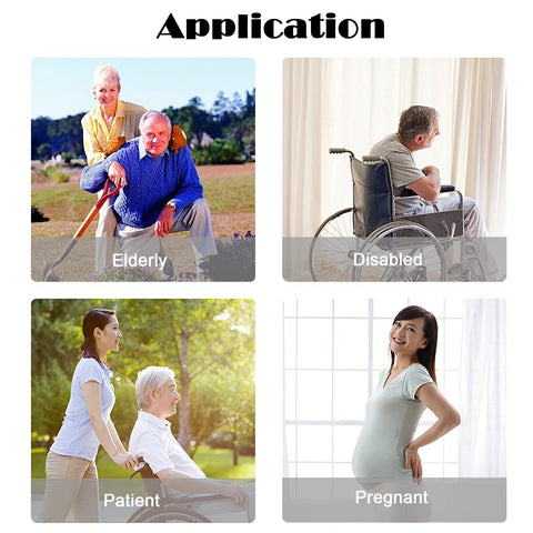 Collage showing applications for tub transfer bench: elderly, disabled, patient, pregnant individuals.
