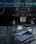 5 In 1 Fast Car Charger With 90W PD Power Retractable USB C And USB A Cables in car with smartphone charging