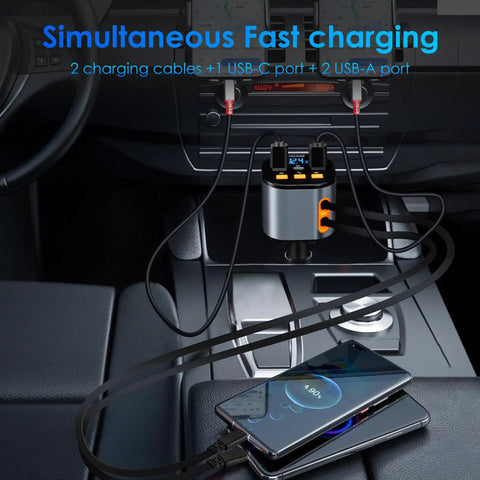 5 In 1 Fast Car Charger With 90W PD Power Retractable USB C And USB A Cables in car with smartphone charging