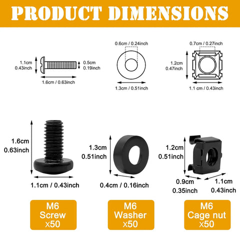 Product dimensions image of 50 Pack Top Shelf Rock Solid M6 Rack Mount Cage Nuts And Hex Screws Paired With Lock Washers.