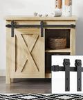 2.5 Ft Sliding Barn Door Hardware Track Kit For Cabinets And More, installed on wooden cabinet, black powder-coated steel