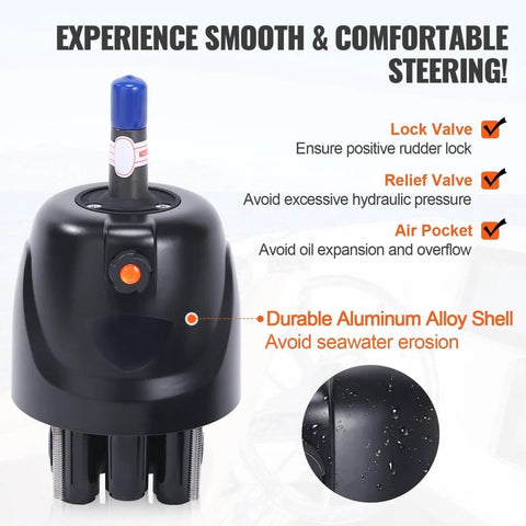 Beefed Up Hydraulic Outboard Steering Kit For Boats 150HP With Built In Two Way Lock Cylinder Includes Pump And Two 20 Ft High Strength Nylon Hoses For Single Station Single Engine Marine System, showing durable aluminum alloy shell and valves