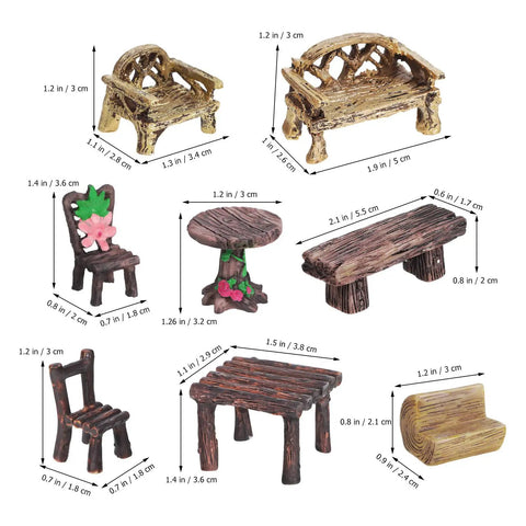 Miniature Fairy Garden Furniture Set Of 10 Resin Tables And Chairs For Terrariums And Dollhouses Rustic Wood Grain Look