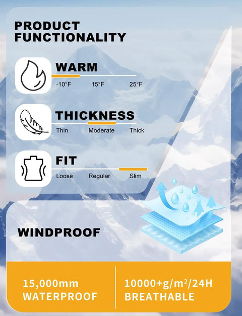 Women Dope Snow Ski Suit One Piece Jumpsuit Waterproof Windproof Warm Insulated Snowsuit function chart showing warmth and thickness.